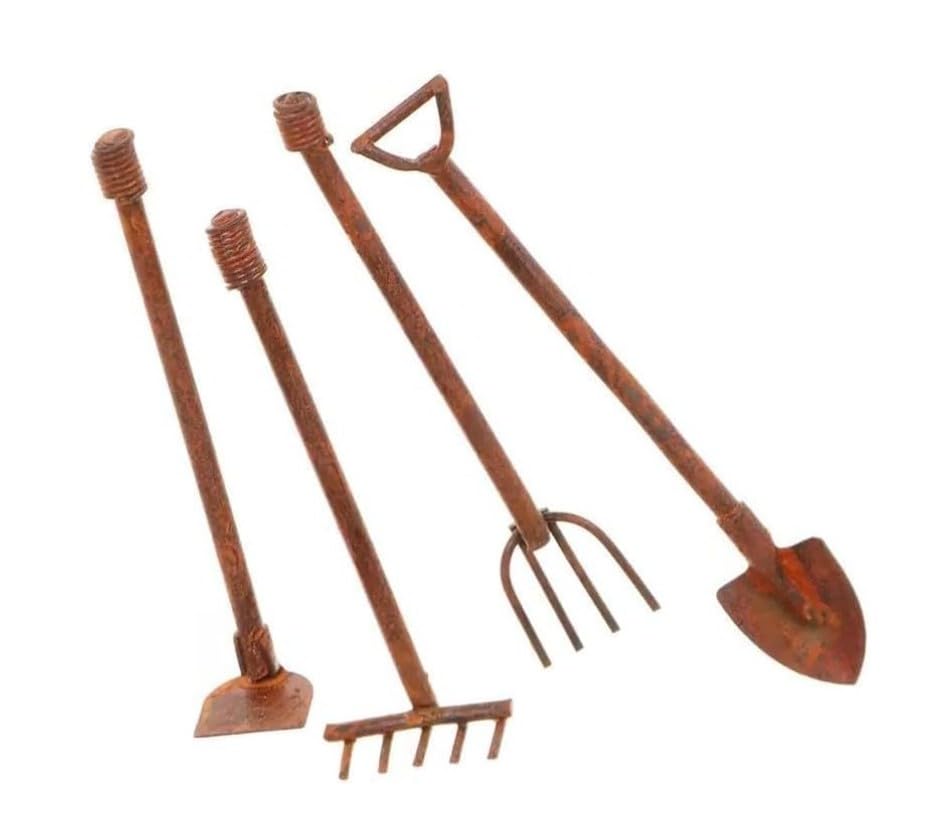 4 Pcs Miniature Dollhouse Garden Tools 1:12 Mini Rusty Shovel Hoe and Pitchfork Fairy Garden Accessories Furniture Ornaments Micro Landscape Decor