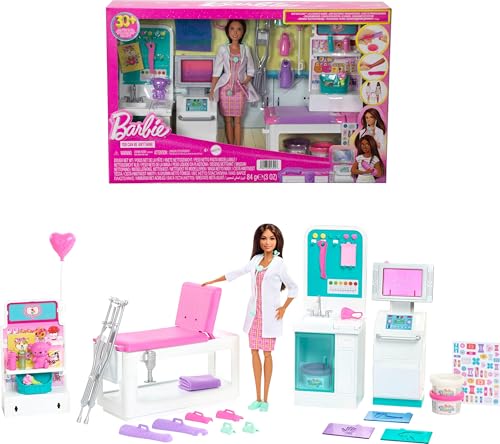 Barbie Fast Cast Clinic Playset, Brunette Barbie Doctor Doll, 30+ Play Pieces, 4 Play Areas, Cast & Bandage Making, Medical & X-ray Stations, Exam