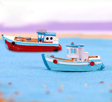 2Pcs Colorful Miniature Dollhouse Boat Mini Fishing Boat Model Mediterranean Decor Resin Desktop Boat Ornament Ocean Beach Micro Landscape Decoration