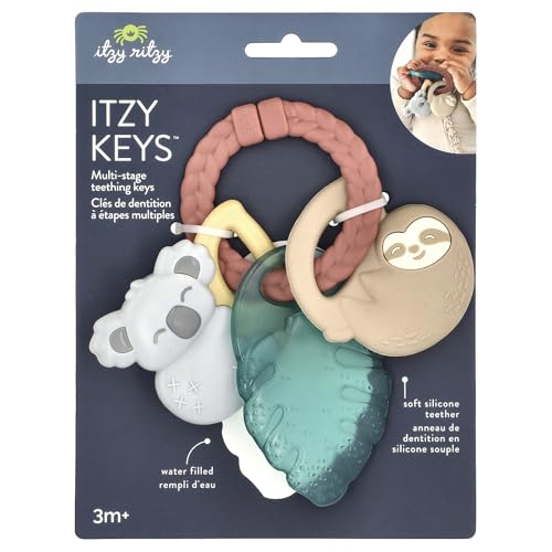 Itzy Ritzy Teething Keys Baby Teether Toy - Features a Braided Texture Ring & Keys, Includes a Water-Filled Leaf-Shaped Teether & Silicone Sloth