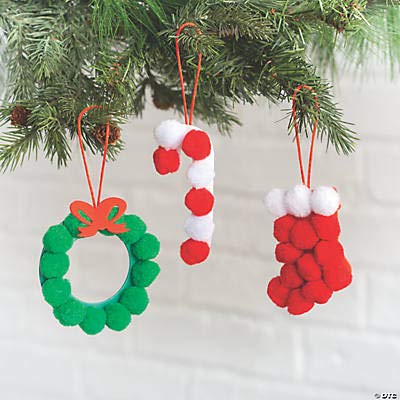 PWS Sales Pom-Pom Christmas Ornaments Craft Kit for Kids-Stocking, Wreath, Candy Cane Shapes-Makes 12