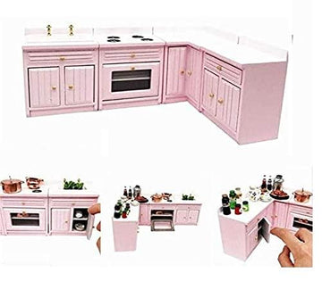 EatingBiting 1:12 Dollhouse Miniature Furniture Kitchen Wooden Pink Combination Cabinet Sink Counters 1/12 Scale Dollhouse Miniature Furniture Deluxe