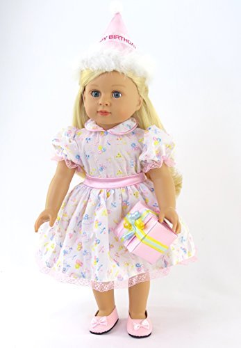 American Fashion World Birthday Girl Outfit for 18Inch Dolls | Party Hat, Dress, Present