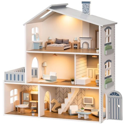 ROBUD Doll House, Wooden Dollhouse with 6 Rooms, 29-pcs Realistic Accessories, Dollhouse Playset for 4-6 Inch Dolls, Gifts for Kids & Toddlers, Nordic