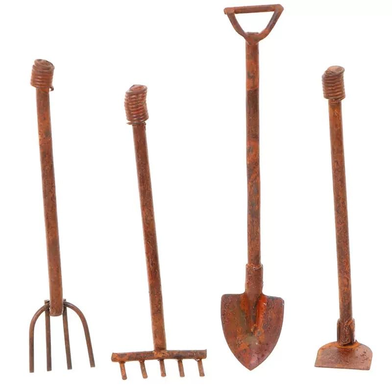 4 Pcs/Set Miniature Dollhouse Garden Tools 1:12 Mini Rusty Shovel Hoe and Pitchfork Fairy Garden Accessories Furniture Ornaments Micro Landscape Decor