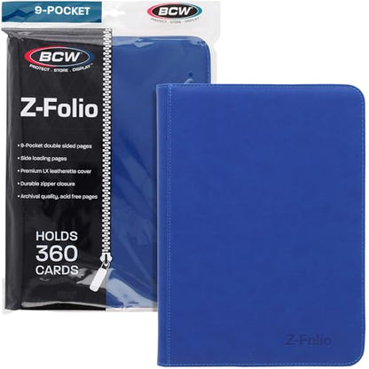 BCW Z-Folio 9-Pocket LX Album - Blue | Secure Zipper Card Organizer | Premium Leatherette Card Collection Binder | Trading Card Binder for Pokemon