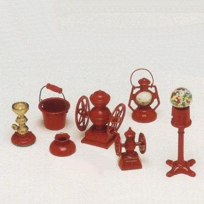 Miniature Red Metal Dollhouse Collection. Lantern, Gumball Machine, Bucket, Candlestick. Coffee Grinder. Set of 6 Shadowbox