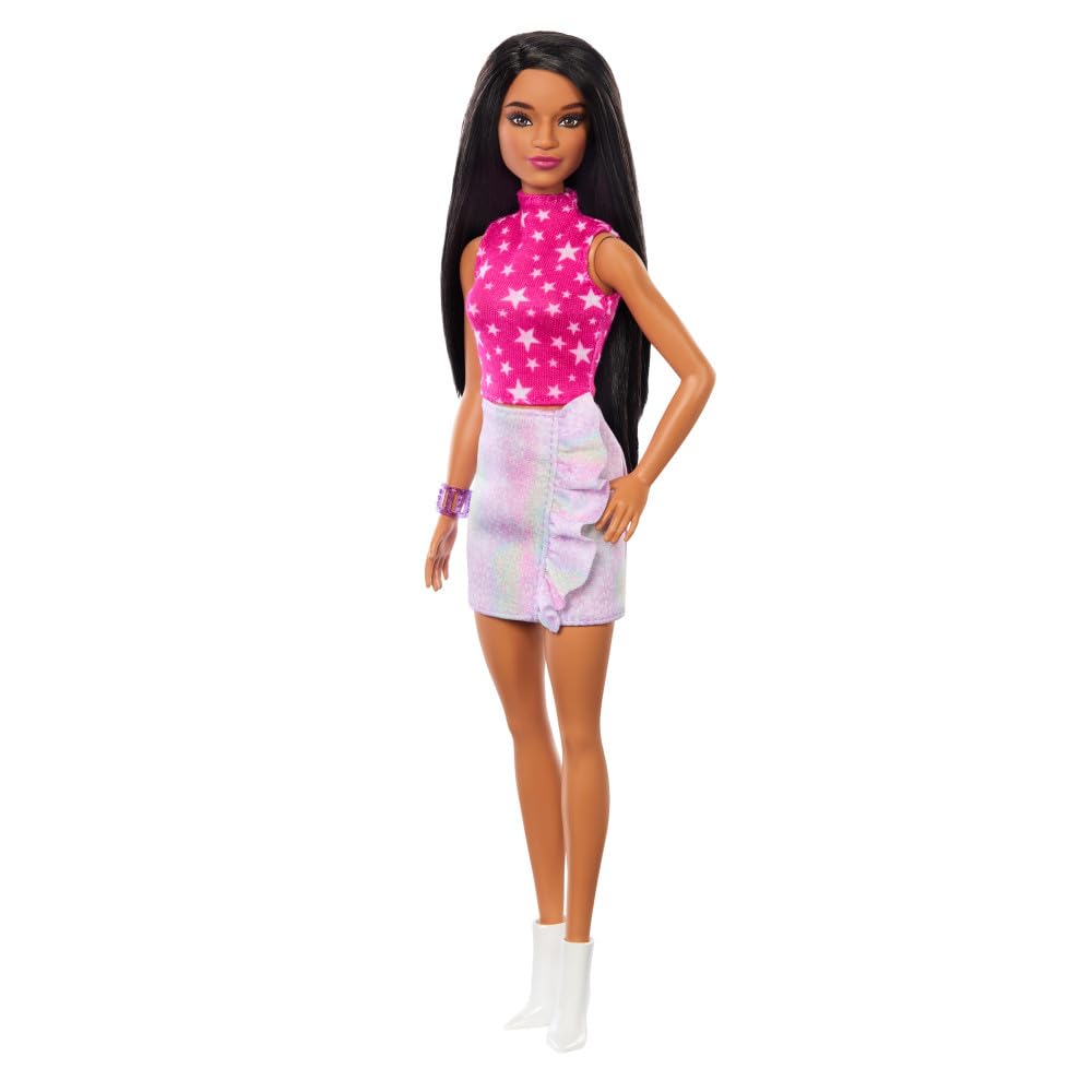Barbie Fashionistas Doll #215 with Black Straight Hair, Pink Star-Print Top & Iridescent Skirt, 65th Anniversary Collectible Toy