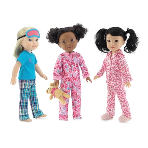 Emily Rose 14 Inch Doll 8-Piece Pajama Bundle | Silky Animal Print, Heart Footed Onesie & Plaid PJs with Slippers - Includes Teddy Bear & Eye Mask |