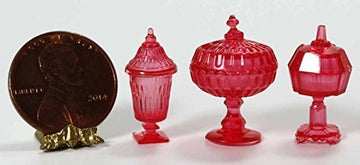 Dollhouse Miniature Chrysnbon Set of 3 Candy Jars in Cranberry