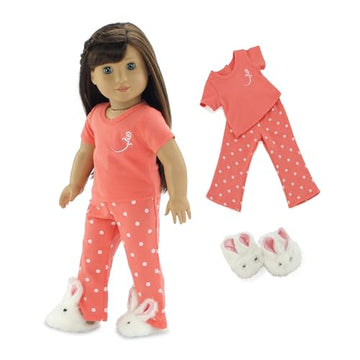 Emily Rose 18 Inch Doll Clothes Coral Polka Dot Pajamas PJs Gift Set, with Bunny Slippers! | Gift Boxed! | USA Brand | Compatible with American Girl
