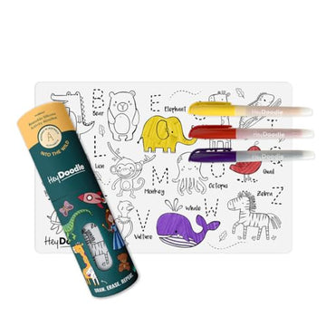HeyDoodle Into The Wild Mini - Reusable Silicone Alphabet Coloring Mat for Toddlers and Kids - Educational Animal Activity Pad with 3 Dry Erase