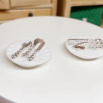 4Set Silver 1/12 Miniature Plates and Silverware Knife Fork Spoon Set Dollhouse Accessories, Décor, Decorations