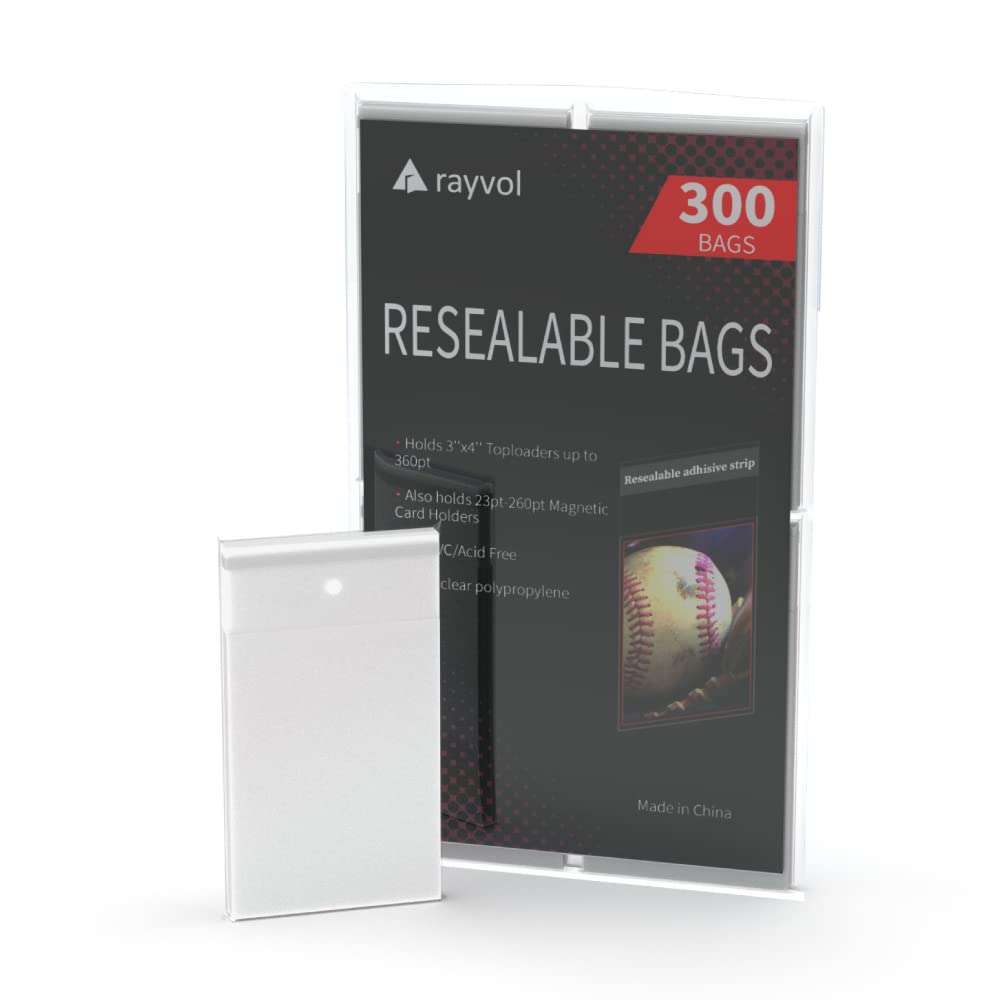 Rayvol 300 Resealable Team Bags, Sleeves Fit 3x4 Top Loader 360pt and 23-260pt Magnetic Card Holders