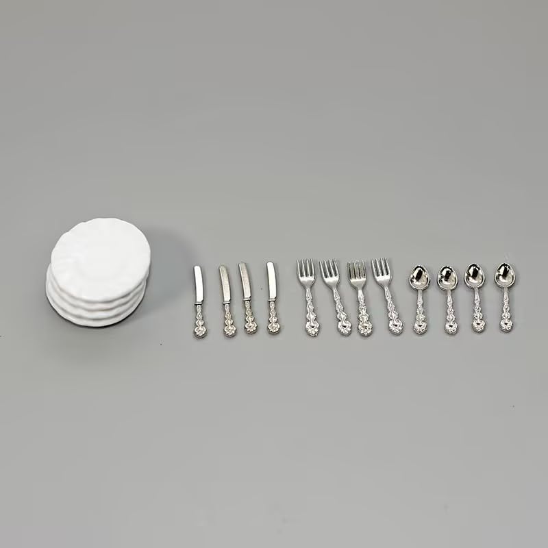 4Set Silver 1/12 Miniature Plates and Silverware Knife Fork Spoon Set Dollhouse Accessories, Décor, Decorations