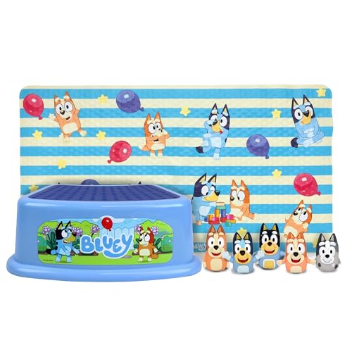 Bluey Bath Time Fun Set - Bath Finger Puppets, Vinyl Bath Mat, Step Stool