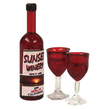 Dollhouse Miniature Red Wine and Two Filled Glasses