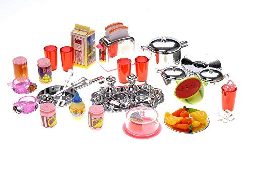 PowerTRC Doll Kitchen Play Set, Mini Modern Toy Pink Kitchen Pretend Play Furnitures Toy Set Accessories Set with Realistic Light & Sound for Kids