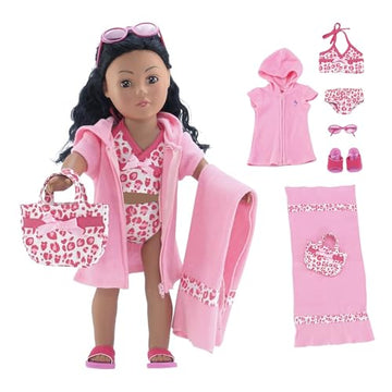 Emily Rose 18 Inch Doll Bathing Suit Set - 7 Piece Tankini Swimsuit Outfit with Hooded Coverup, Towel, Sunglasses, Sandals & Tote Bag - Doll NOT