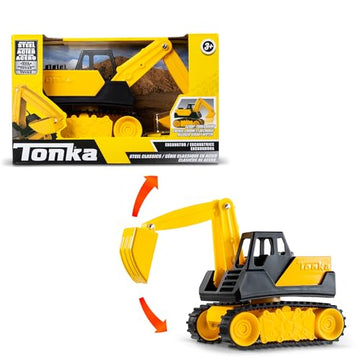 Basic Fun Tonka Mini Steel Classics Excavator - Steel Construction, Movable Grappling Basket, Riding Caterpillars, Classic Yellow Design - Perfect