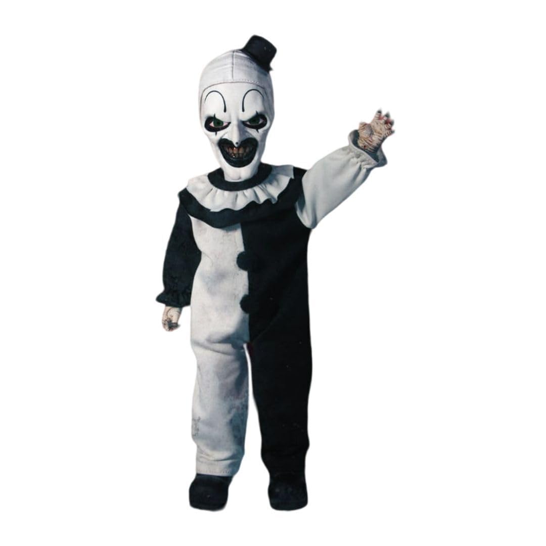 Mezco Terrifier - Living Dead Doll 10.5-Inch Art The Clown Doll with New Head Sculpt, Pom-Pom and Ruffle Detailing Black-and-White Costume, and