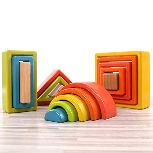 moderngenic 'Wonderland' Wooden Geometrical Building Blocks, 32 Piece Large Geometrical Rainbow Stacker, Stacking & Nesting Construction Toys