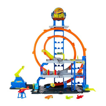 Hot Wheels Mega Loop Garage Track Set with Toy Car & Helicopter