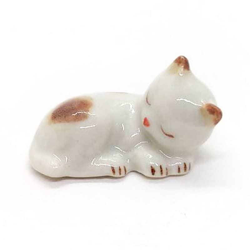 WitnyStore Tiny 1" White Brown Pointed Shorthair Cat Sleeping Curled Figurine - Miniature Hand Made Painted Ceramic Cats Kitten Feline Animal Cute