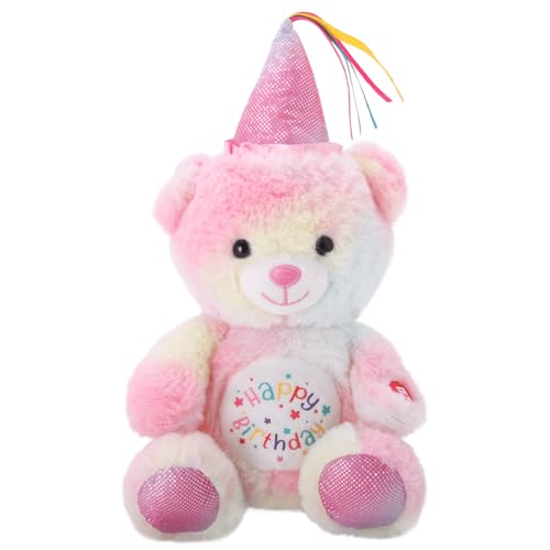 Linzy 8.5” Light Up Bear Stuffed Animal with Party Hat & Cupcake, Soft Musical Plush Toy with Magic LED Lights, Glowing Cute Plushie Teddy Bear