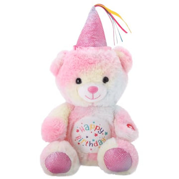 Linzy 8.5” Light Up Bear Stuffed Animal with Party Hat & Cupcake, Soft Musical Plush Toy with Magic LED Lights, Glowing Cute Plushie Teddy Bear