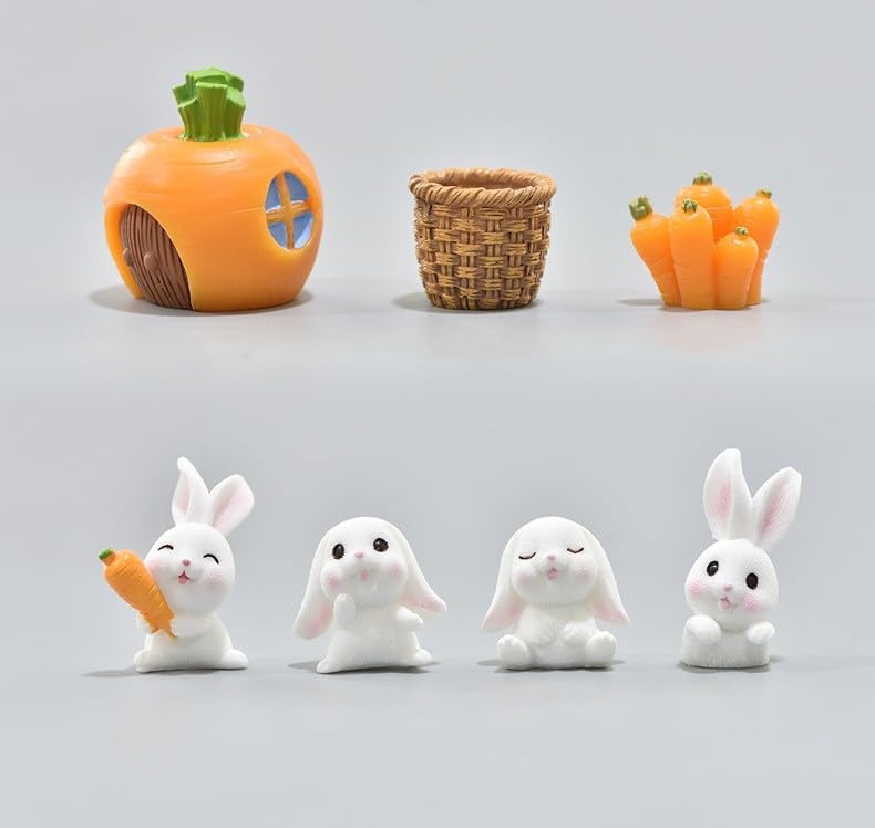 CCUUHJ 7 Pcs Bunny Kit Resin Miniature Figurines Fairy Garden Accessories,Mini Straw Basket Carraot Figures Rabbit Ornaments for Easter Egg Fillers