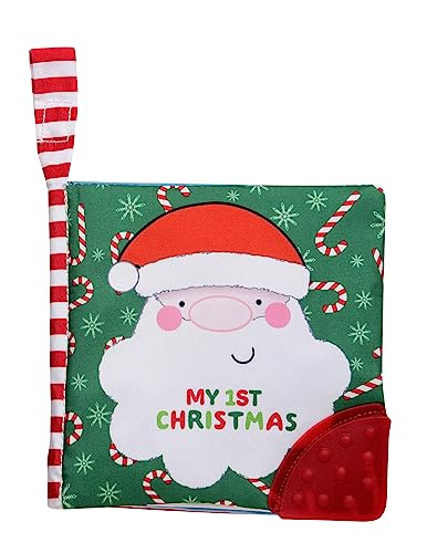 My First Christmas Soft, Crinkle Activity Book with Silicone Teether and Travel Strap, Santa, Green (5 1/2 inch Square)