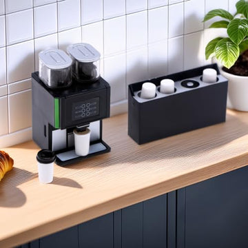 1:12 Scale Miniature Coffee Machine Set, Modern Dual-Hopper Brewer & Cups, Realistic Kitchen Appliance for Dollhouse, Diorama Cafe & Office Scenes