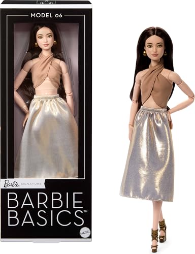 Barbie Basics Model Collector Fashion Doll 06 with Brunette Hair, Shimmery Golden Skirt & Halter, Universal-fit Fashions, Posable Body