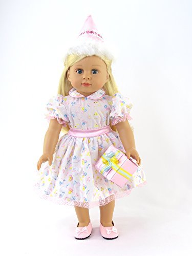 American Fashion World Birthday Girl Outfit for 18Inch Dolls | Party Hat, Dress, Present