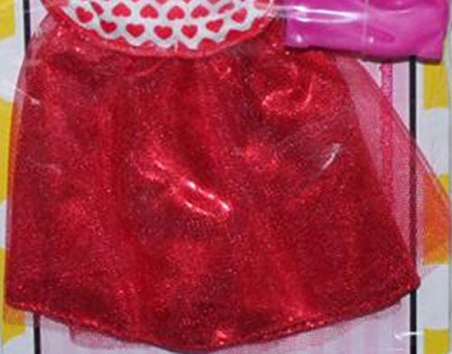 Barbie Doll Fashion Outfit - White and Red Hearts - Shirt and Shimmer / Tulle Skirt - Pink Handbag, Gold Love Necklace #DTW61