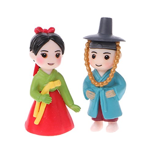 LANDUM Korean Lovers Figurine Ornaments Miniature Dollhouse Bonsai Fairy Garden Decor Red + Blue