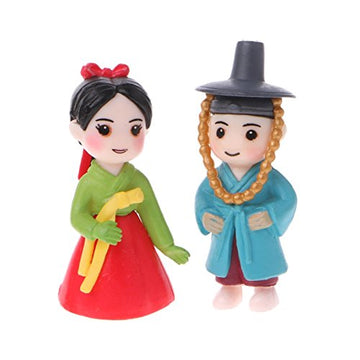 LANDUM Korean Lovers Figurine Ornaments Miniature Dollhouse Bonsai Fairy Garden Decor Red + Blue