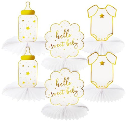 Sparkle and Bash Baby Shower Decorations & Centerpieces - 12-Piece White & Gold Honeycomb Paper Set - Gender Neutral Table Toppers & Table Top Decor
