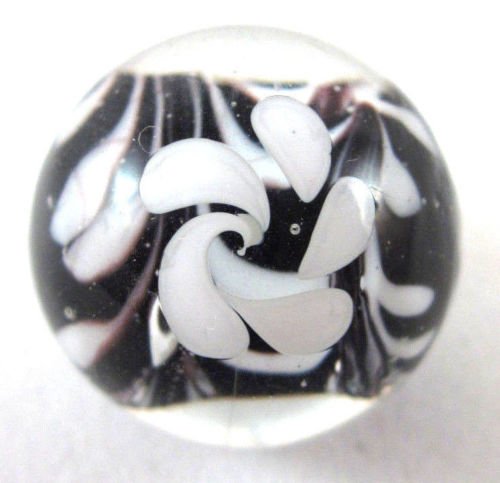 Big Game Toys~22mm (7/8") Hocus Pocus Hand Made Art Glass Marble w/Stand Black/White Flower Swirl