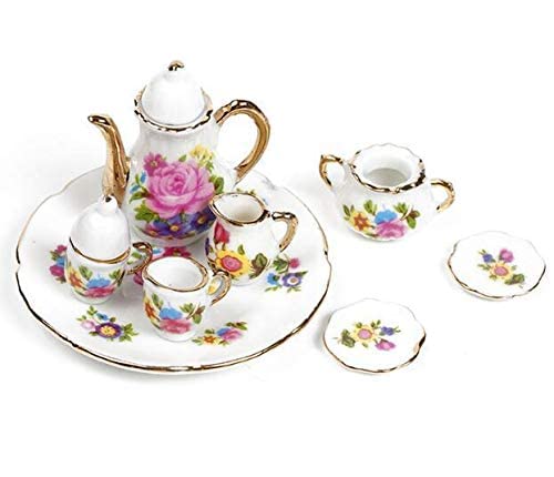 EatingBiting Collection Level 1:12 Elegant Flora Miniature Dollhouse Porcelain Tea Dish, Teapot, Cup, Plate Craft Set, DIY Scene Doll Home Furniture