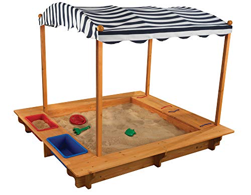 KidKraft Outdoor Covered Wooden Sandbox with Bins and Striped Canvas Canopy, Kids' Outdoor Furniture, Navy & White, Gift for Ages 2-8, Natural, 58.7 x