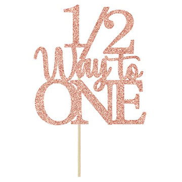 1/2 Way to One Cake Topper - Happy 1/2 Birthday Girl - Baby 6 Months Decorations, Half Birthday Party Decorations Rose Gold Glitter