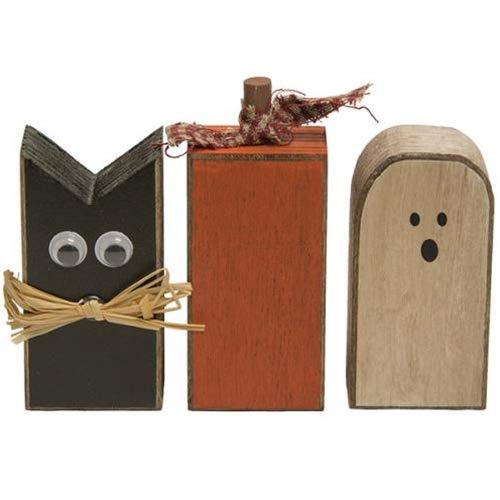 Halloween Wooden Blocks - Set of 3 - Black Cat, Pumpkin, Ghost - Country Distressed Prim