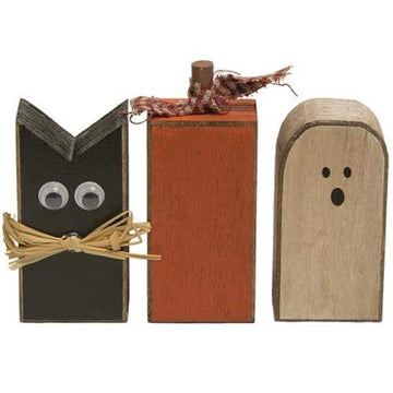 Halloween Wooden Blocks - Set of 3 - Black Cat, Pumpkin, Ghost - Country Distressed Prim