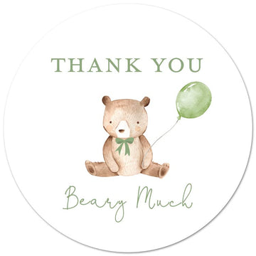 2"" Round Bear Balloon Baby Shower Thank You Beary Much Favor Stickers - Set of 40 (Green Balloon)