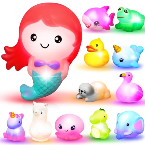 JOYIN 12 PCS Light Up Bath Toys, Toddler Flashing Colourful LED Bathtub Mermaid Toy, Baby Bathtime Floating Rubber Shower Gifts for Infant Kids Girls
