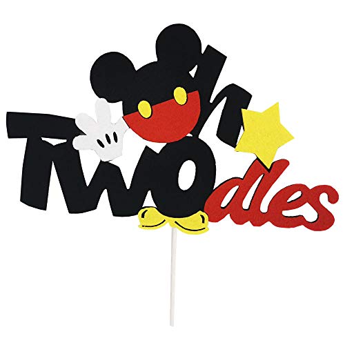 CHuangQi Oh Two-dles Felt Fabric Cake Topper, Mouse Themed 2nd Birthday Cake Decor, Second Birthday Party Supplies
