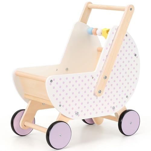 Pillowhale Wooden Baby Walker & Doll Stroller - Adjustable Handle Push Cart, Anti?Tip, Quiet Wheels, Pretend Shopping Cart - Montessori Wooden Walker