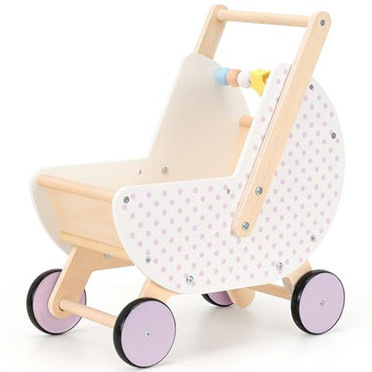 Pillowhale Wooden Baby Walker & Doll Stroller - Adjustable Handle Push Cart, Anti?Tip, Quiet Wheels, Pretend Shopping Cart - Montessori Wooden Walker